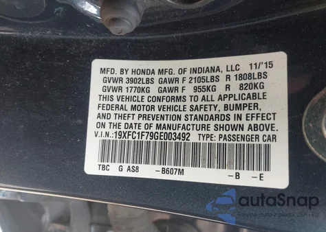 2016 Honda Civic Ex-L из США, поврежденный, VIN 19XFC1F79GE003492